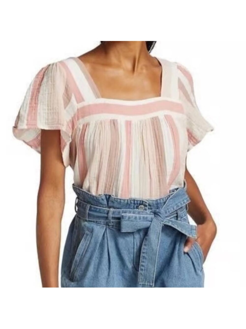 Rails Savin Cheyenne Cotton Square Neck Blouse Pink Stripe Flutter Sleeve Top S